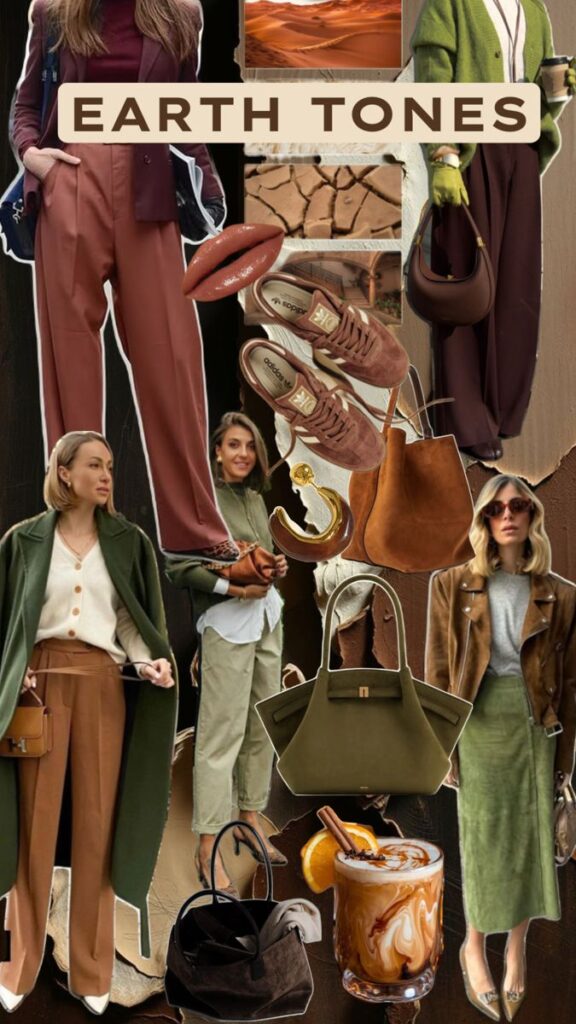 Collage of earth-toned fashion items, including clothes, shoes, bags, and accessories, showcasing earthy style trends.