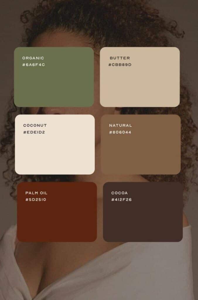 Earth tone Color Palette Color palette with shades labeled: Organic, Butter, Coconut, Natural, Palm Oil, Cocoa; hex codes included. | Sky Rye Design Color palette with shades labeled: Organic, Butter, Coconut, Natural, Palm Oil, Cocoa; hex codes included.
