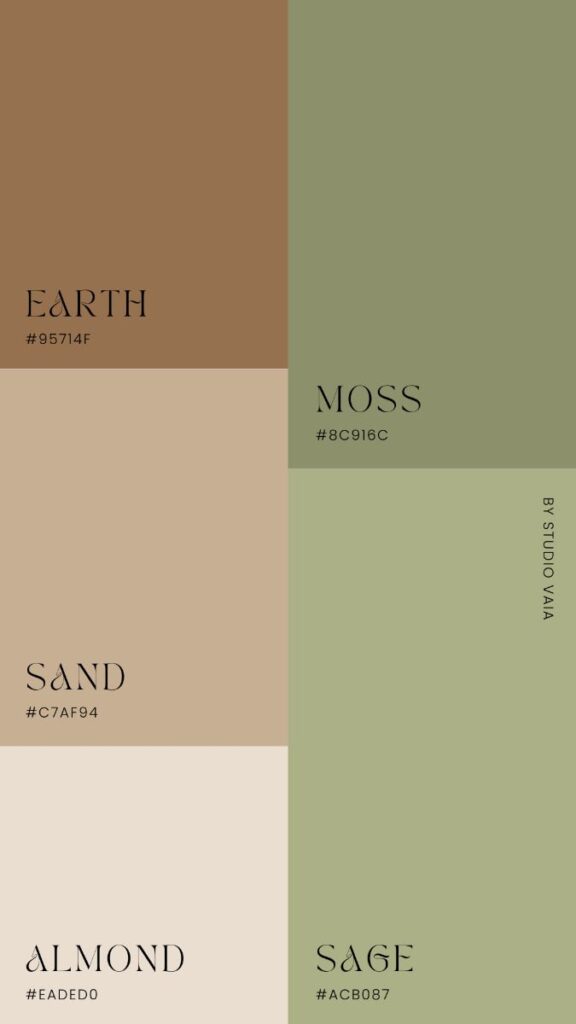 Earthy color palette inspiration Earth, moss, sand, almond, and sage color palette with hex codes for design inspiration. | Sky Rye Design Earth, moss, sand, almond, and sage color palette with hex codes for design inspiration.