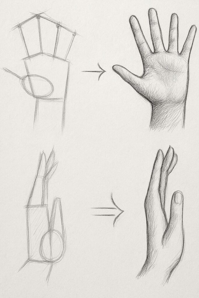 Step-by-step guide to drawing realistic hands: basic sketch to detailed shading, palm and side views.