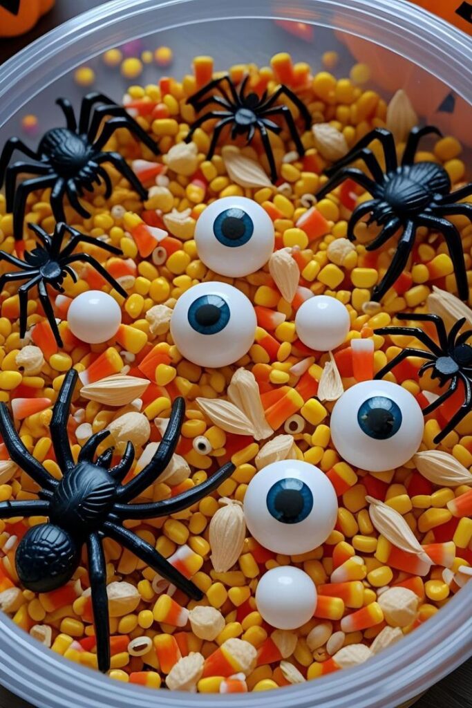 Easy and Fun Halloween Activities for Kids_ Creative Ideas for Home School Parties - RectifyHome Halloween sensory bin with toy spiders, fake eyes, candy corn, and seeds for kids' tactile play and exploration. | Sky Rye Design Halloween sensory bin with toy spiders, fake eyes, candy corn, and seeds for kids' tactile play and exploration.