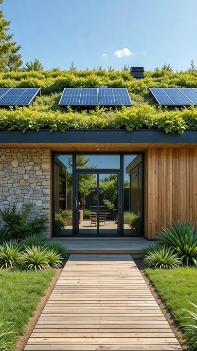 Eco-Friendly Prefab Home with Green Roof 🌿🏡 _ Sustainable Living Tour Modern eco-friendly home with solar panels and a green roof, featuring a wooden pathway and lush garden. | Sky Rye Design Modern eco-friendly home with solar panels and a green roof, featuring a wooden pathway and lush garden.