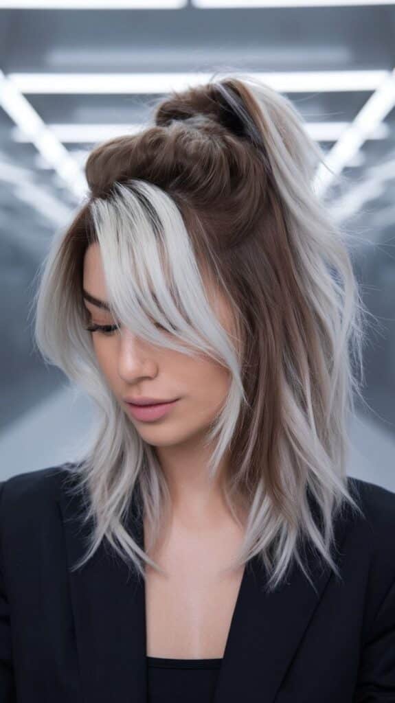 Woman with stylish brown and white highlighted hair in a modern sleek hairstyle, wearing a black outfit.