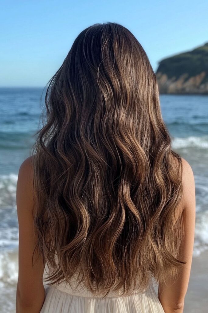 Effortless Beach Wave Hairstyles Woman with long, wavy brown hair stands at a sunny beach with clear blue sky and ocean in background. | Sky Rye Design Woman with long, wavy brown hair stands at a sunny beach with clear blue sky and ocean in background.