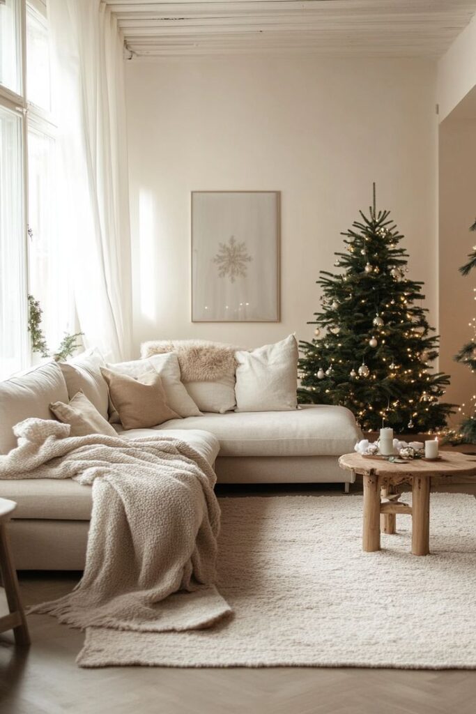 Cozy living room with Christmas tree, soft beige sofa, and warm decor for festive ambiance.