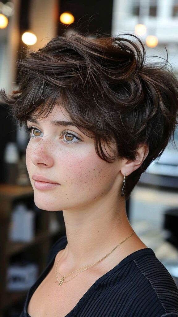 Young woman with short, wavy brown hair and freckles, wearing a black top, in a softly lit indoor setting.