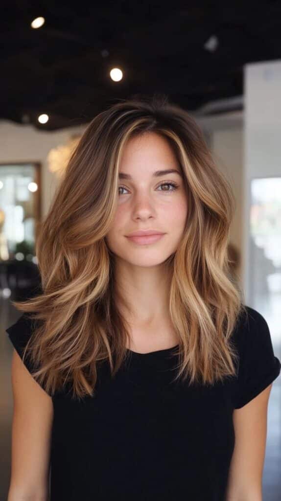 Stylish medium-length layered hair with auburn highlights on a woman in a black top at a salon.