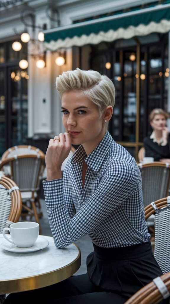 Woman with short blond hair sitting at an outdoor cafe table with coffee.