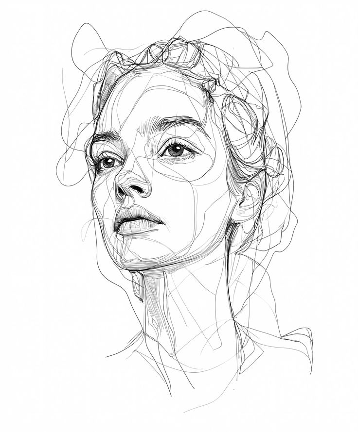 Artistic line drawing of a woman's face, showcasing intricate details and expressive features on a white background.