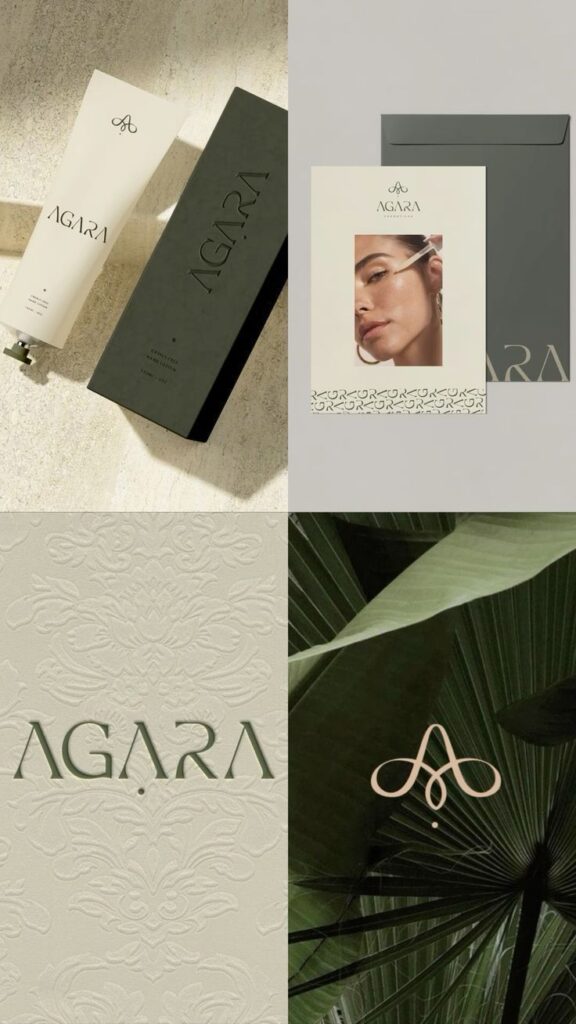 Agara skincare packaging, elegant branding design, featuring natural elements and detailed patterns for luxury appeal.