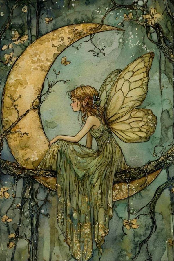 Illustration of a fairy sitting on a crescent moon amid glowing butterflies and vines in an enchanting, magical forest.