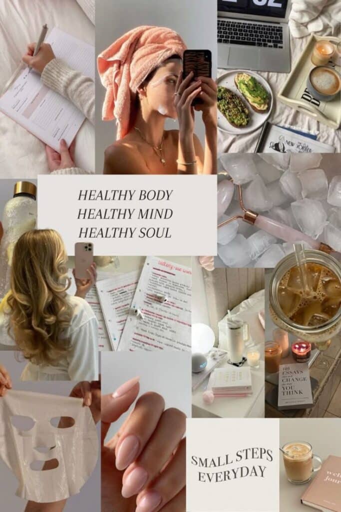 Collage of wellness and self-care items, healthy meals, and motivational quotes promoting a balanced lifestyle.