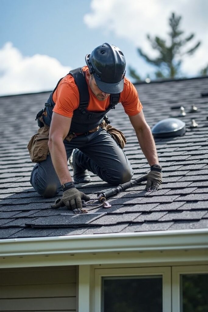 Roofer in safety gear inspecting shingles on a residential roof against a clear sky background.