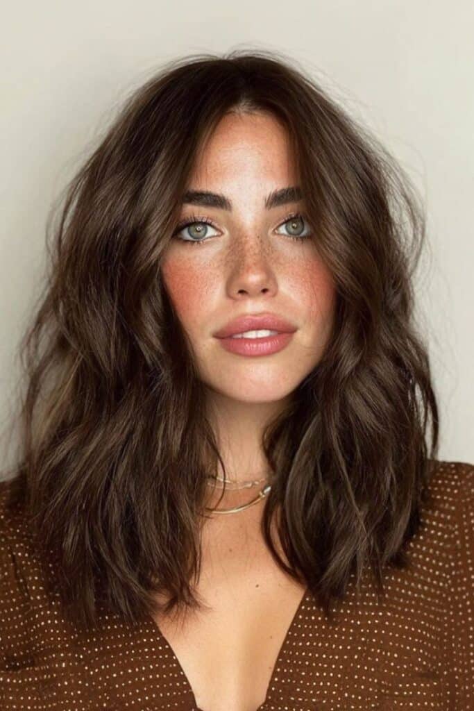 Espresso Brown Beauty_ Rich Bold Timeless Smiling woman with brown wavy hair and green eyes wearing a brown polka dot dress. | Sky Rye Design Smiling woman with brown wavy hair and green eyes wearing a brown polka dot dress.