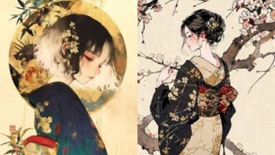 Artistic illustration of two women in traditional Japanese attire, surrounded by floral and nature motifs.