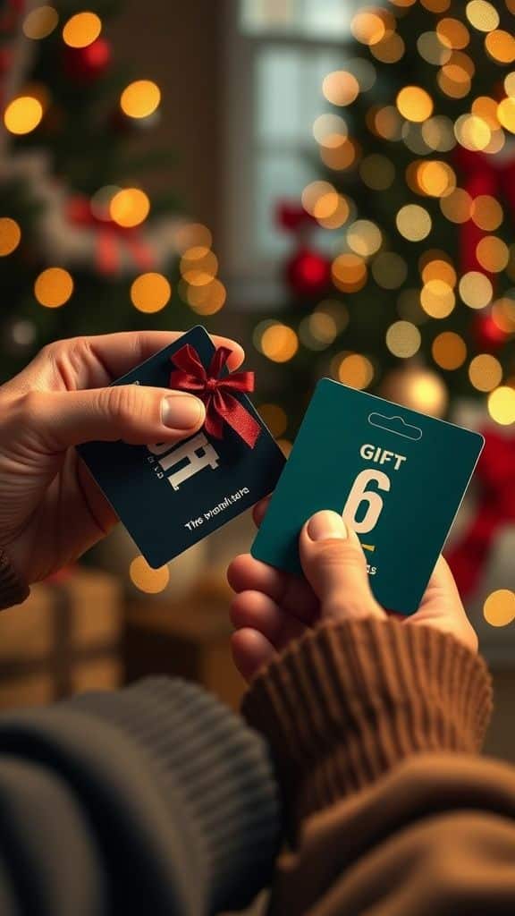 Hands holding gift cards with Christmas tree in the background, surrounded by holiday lights.