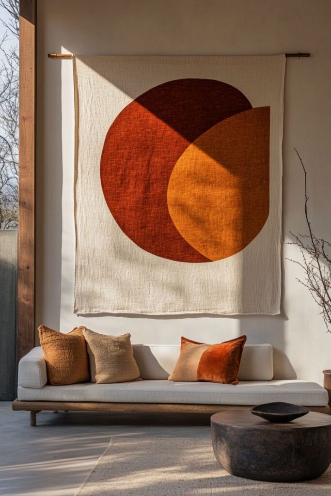 Modern living room with abstract art tapestry, earthy tones, wooden sofa, and cozy pillows.