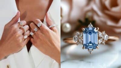 Hands adorned with multiple diamond rings and a close-up of a blue gemstone ring on a rose gold band.