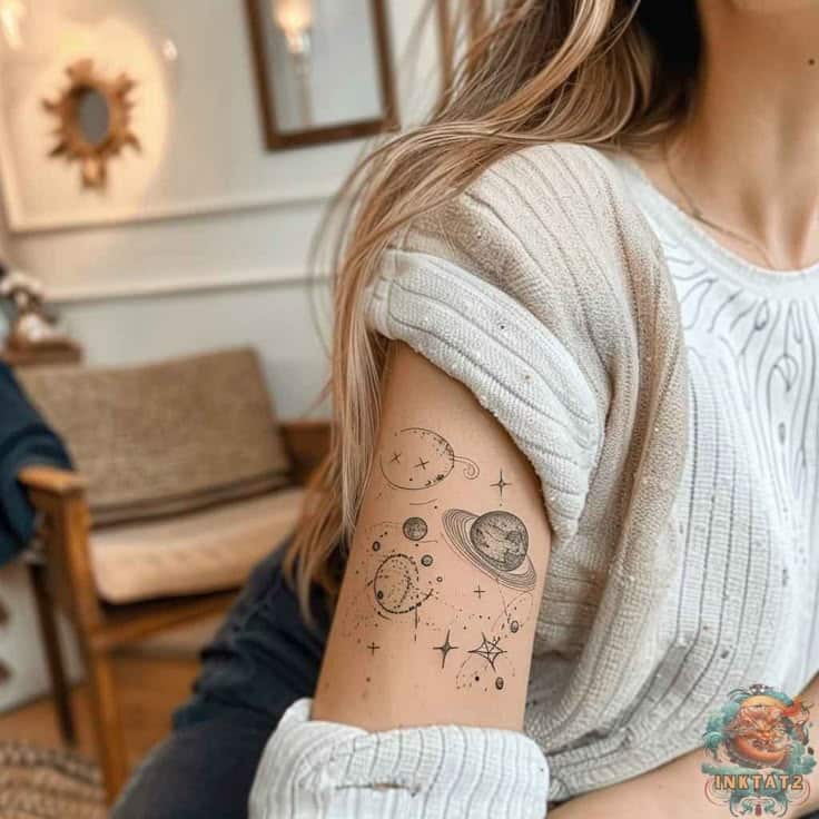 Arm tattoo featuring celestial designs with planets and stars, woman wearing a cozy sweater in a stylish room.