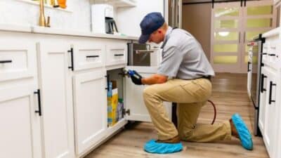 Plumber fixing kitchen sink pipes in modern home, wearing protective shoe covers.