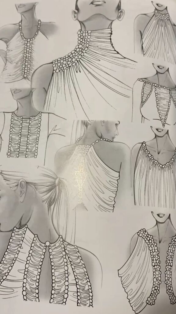 Fashion illustration sketches of elegant beaded and draped evening gowns on models.
