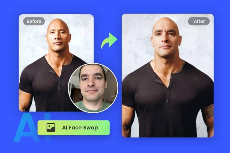AI face swap example showing transformation from celebrity to user's face on a muscular body.