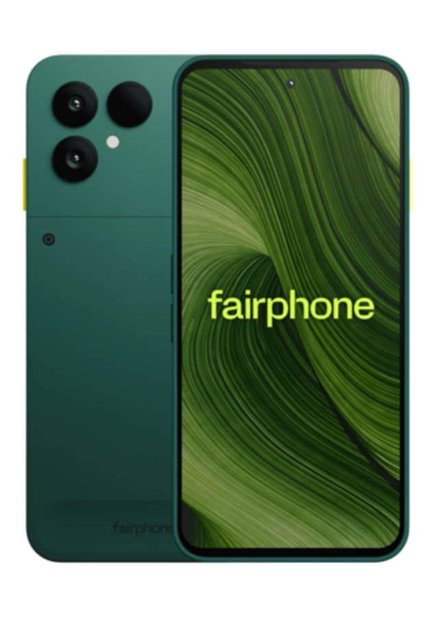 Green Fairphone with dual rear camera and eco-friendly design, front display showing the Fairphone logo.
