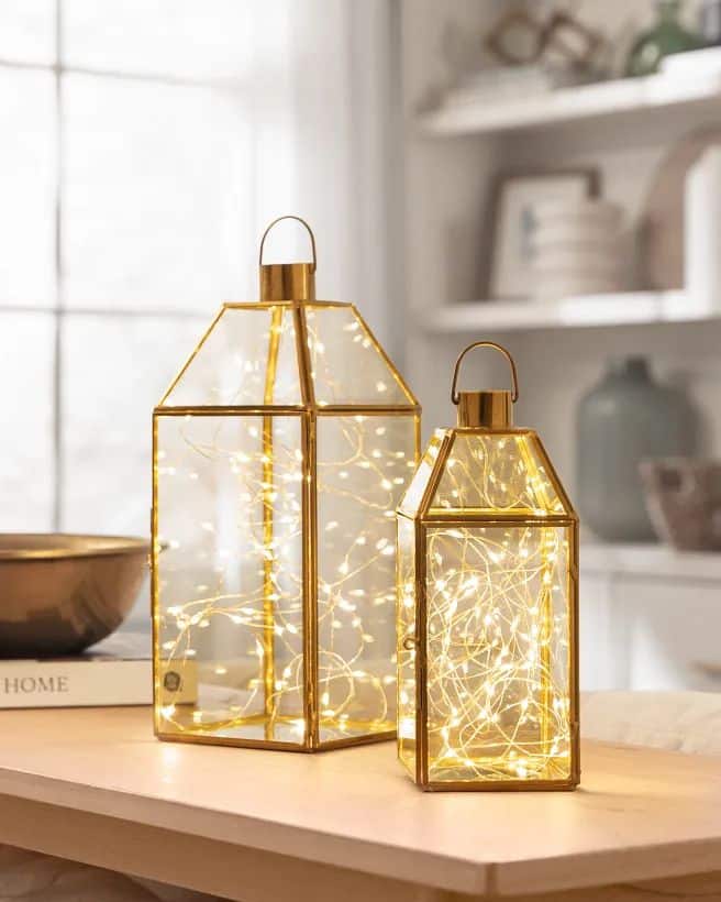 Two decorative lanterns with glowing string lights on a wooden table in a cozy, softly-lit room.