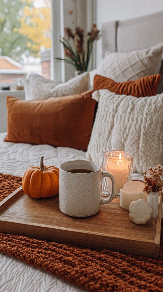 Fall Bedroom Vibes Cozy Morning Tray with Coffee Pumpkins Candles for Autumn Aesthetic 🍂☕🕯️ Cozy autumn bed setup with warm pillows, a tray holding a mug, candles, and a small pumpkin. | Sky Rye Design Cozy autumn bed setup with warm pillows, a tray holding a mug, candles, and a small pumpkin.
