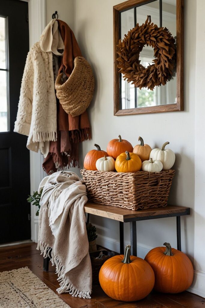 Cozy autumn entryway with pumpkins, a wreath on mirror, and woven basket on a wooden bench. Warm seasonal decor.