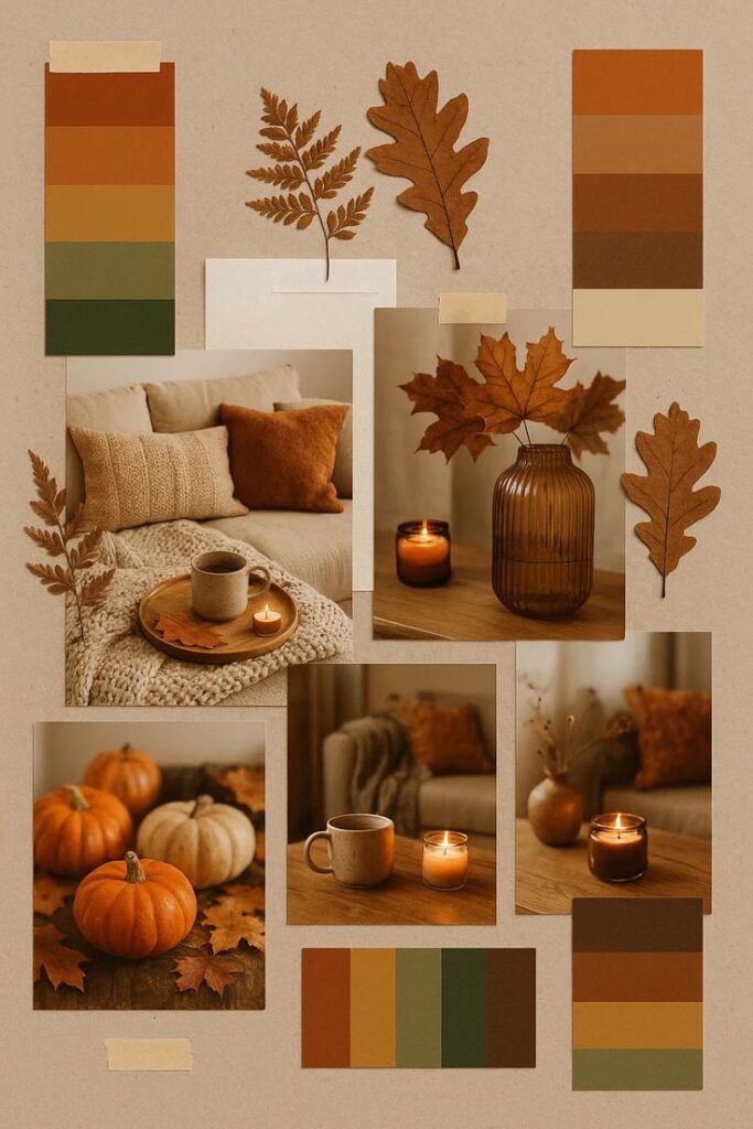 Fall Front Porch Interior Decor Color Palette Inspiration 🎃🍁 Cozy autumn collage with candles, pumpkins, leaves, warm colors, and a cozy living room setup for seasonal inspiration. | Sky Rye Design Cozy autumn collage with candles, pumpkins, leaves, warm colors, and a cozy living room setup for seasonal inspiration. autumn color