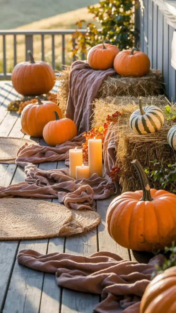 Autumn porch decor with pumpkins, hay bales, candles, and cozy blankets creating a warm, inviting atmosphere.