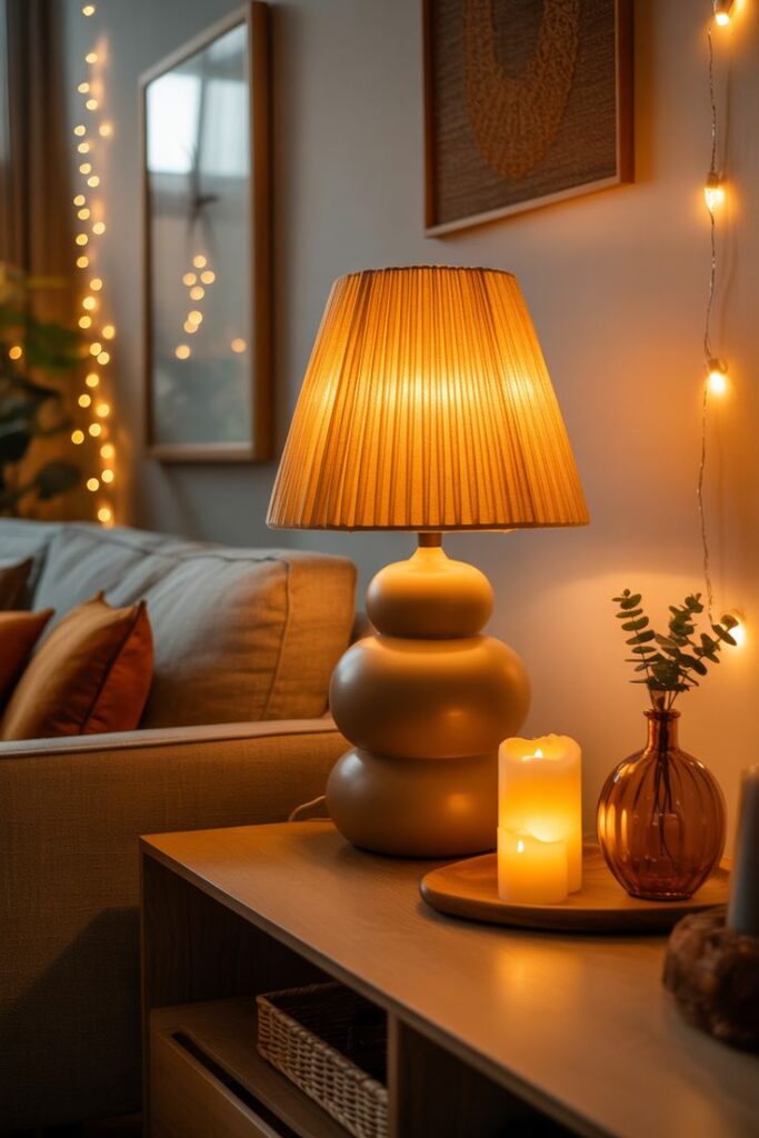 Cozy living room with glowing table lamp, candles, and string lights creating a warm, inviting atmosphere.