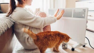 Woman in cozy pajamas warming hands by electric heater, with an orange cat nearby.