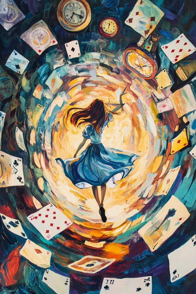 Whimsical painting of a girl in a blue dress falling through a vortex with clocks and playing cards.