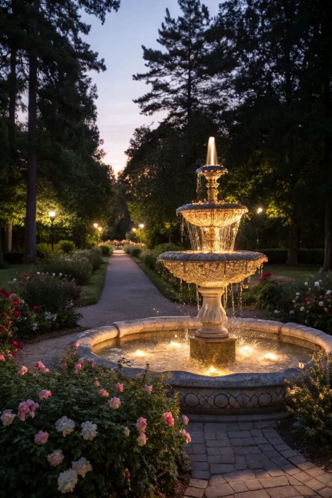 Elegant illuminated fountain with flowers and trees in a serene park setting at dusk.