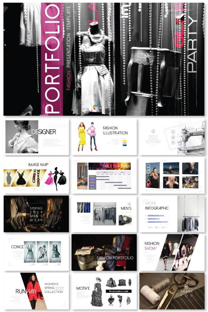 Fashion presentation template showcasing illustrations, runway looks, and style concepts for designers and collections.