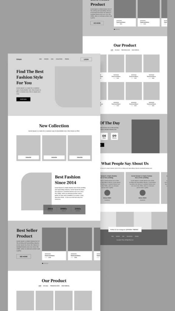 Fashion website homepage layout with sections for products, testimonials, and new collections.