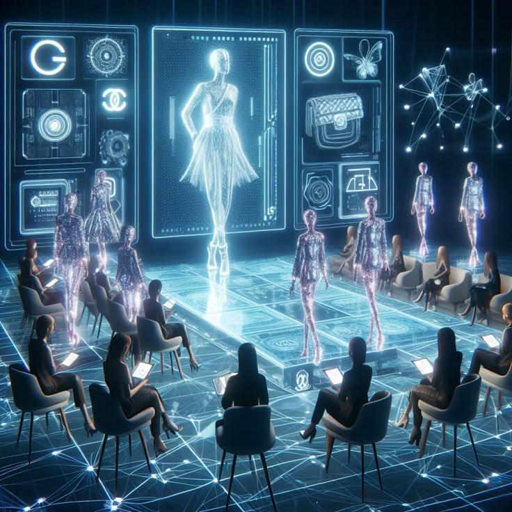 Fashion Forward_ The Virtual Design Conference Explores Cutting-Edge Trends for You to Pin Futuristic virtual fashion show with holographic models on a digital runway, surrounded by seated, tech-savvy audience. | Sky Rye Design Futuristic virtual fashion show with holographic models on a digital runway, surrounded by seated, tech-savvy audience.