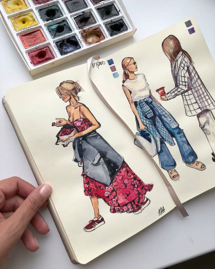 Sketchbook fashion illustrations with watercolors, showing casual outfits and a palette of vibrant colors.