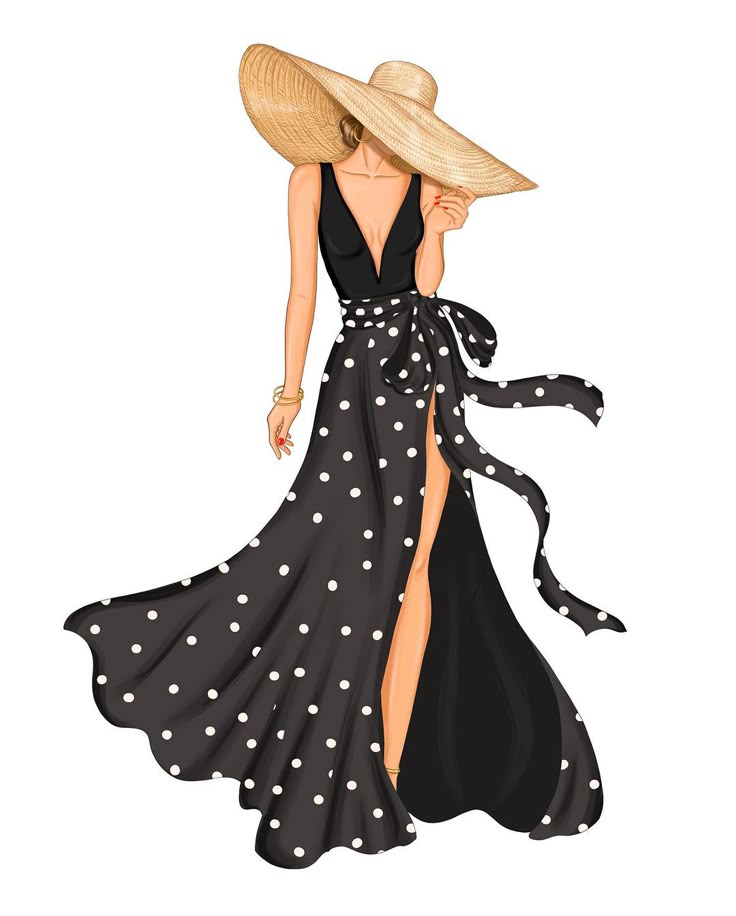 Stylish woman in polka dot dress and sun hat, elegant fashion illustration.