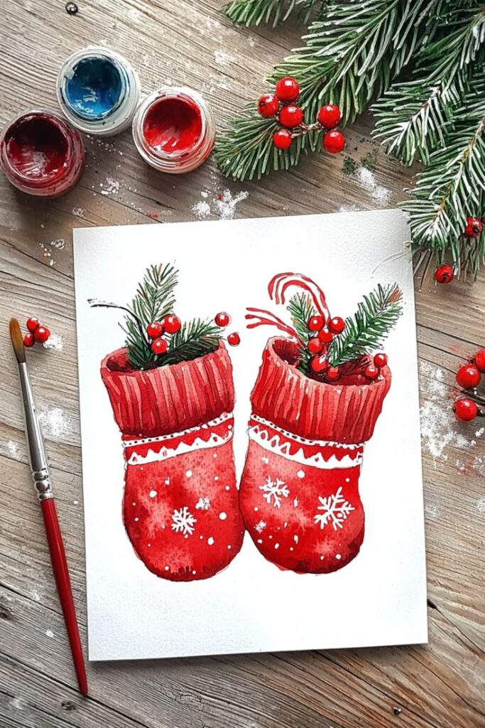 Watercolor painting of red Christmas mittens with festive greenery and ornaments on a wooden table, art supplies nearby.