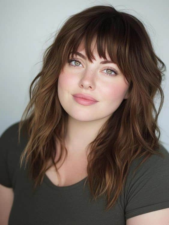 Person with brown, wavy hair and bangs smiling in a green shirt, looking directly at the camera against a plain background.