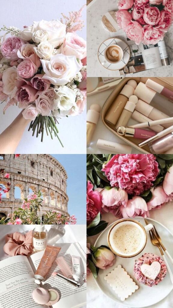 Collage of pink and white roses, cosmetics, Colosseum, and a coffee with cookies on a plate.