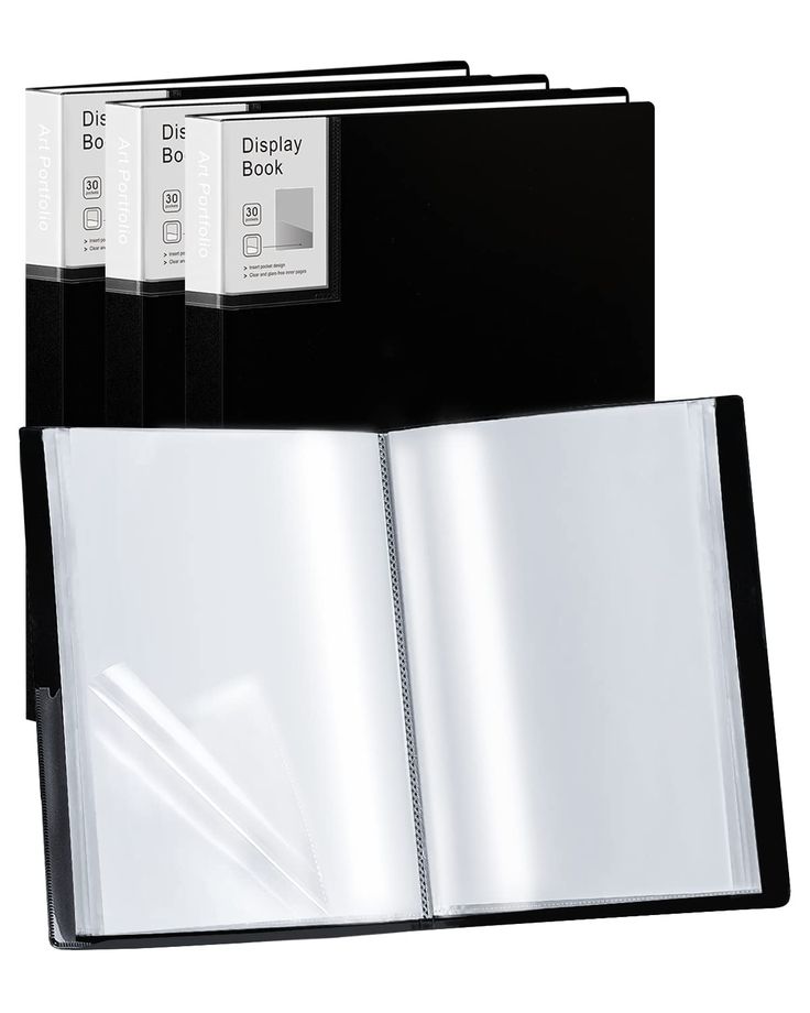 Black art portfolio display books with clear pages for document protection and presentation.