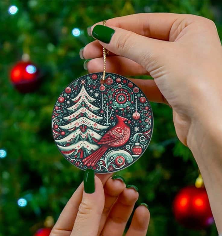 Folk Art Cardinal Christmas Ornament_ Swedish Nordic Design Person holding festive Christmas ornament with cardinal and tree design in front of decorated tree. | Sky Rye Design Person holding festive Christmas ornament with cardinal and tree design in front of decorated tree.