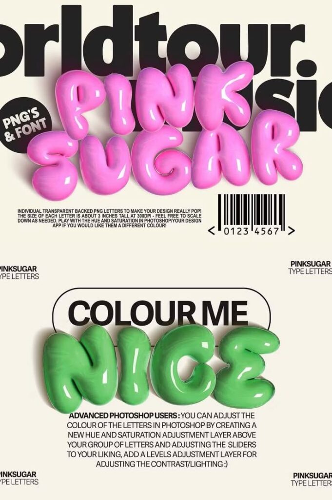 Pink Sugar and Nice, colorful 3D bubble text design with Photoshop editing tips on a white background.
