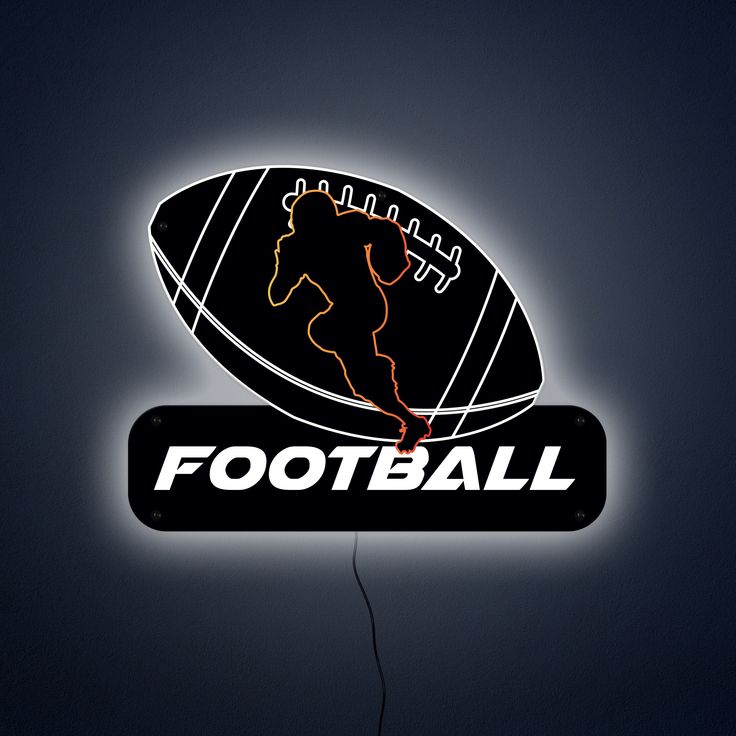 Neon football sign with outline of player and FOOTBALL text, glowing against a dark background.