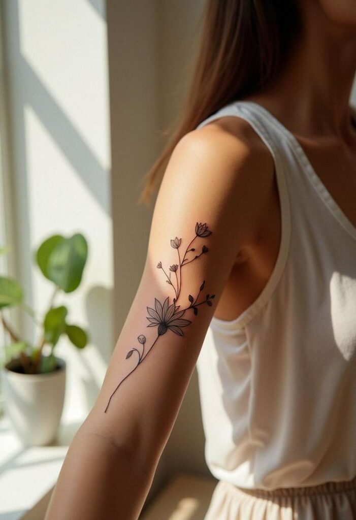 Elegant floral tattoo on woman's arm in bright, natural light, next to a window with a potted plant.