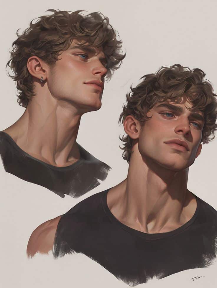 Digital portrait of a man with curly hair and a black shirt, showcasing expressions from different angles.